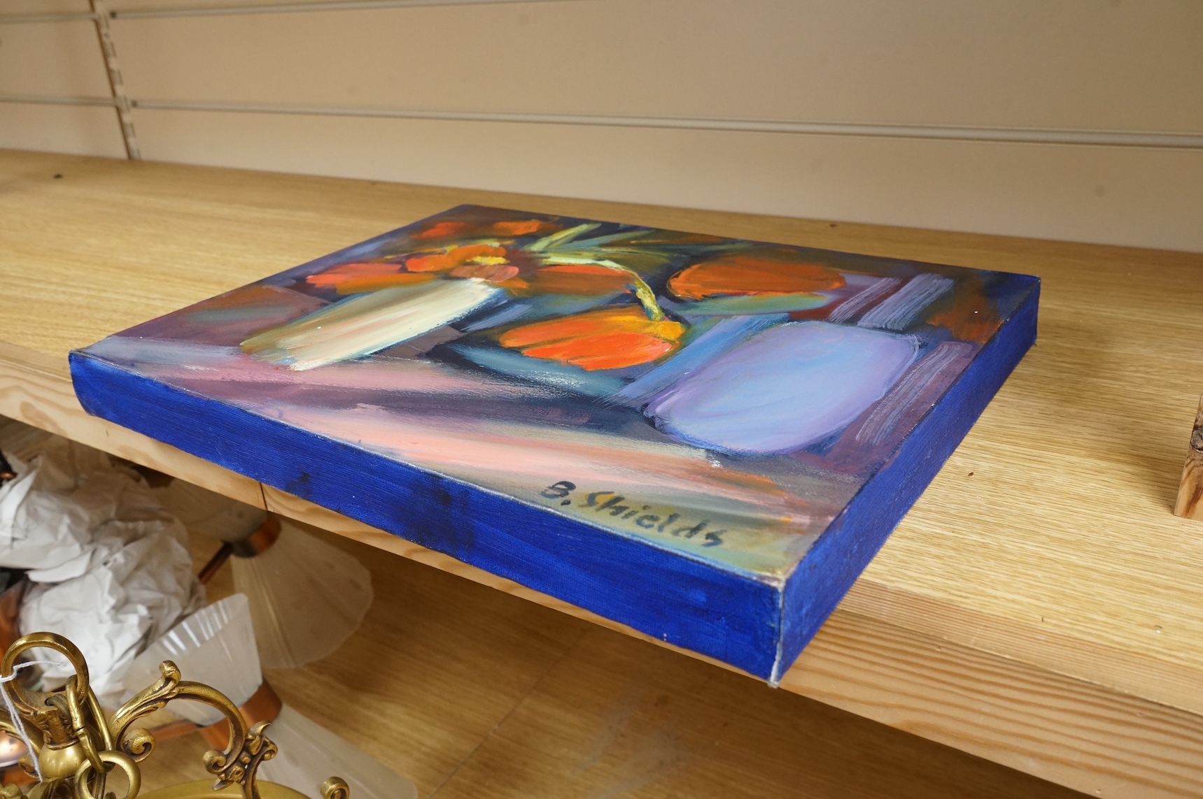B. Shields, Orchid in Moroccan pot, signed, oil on board, together with another Still life on canvas by the same artist, largest 49 x 42cm, unframed